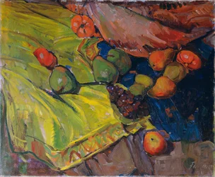 Nature morte avec fruits sur un tissu vert